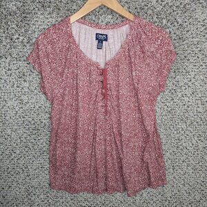 Chaps‎ Top Womens Medium Red Short Sleeve Lace Up Tee Printed Casual Ladies
